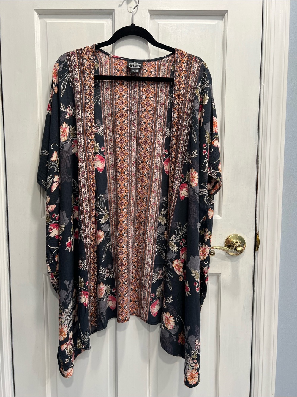 ANGIE Floral Print Open Front Kimono Boho Navy Blue Orange SIZE SMALL Oversized